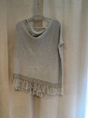 Lilly Pulitzer Taupe Fringe-Hem Knit Poncho has metallic thread